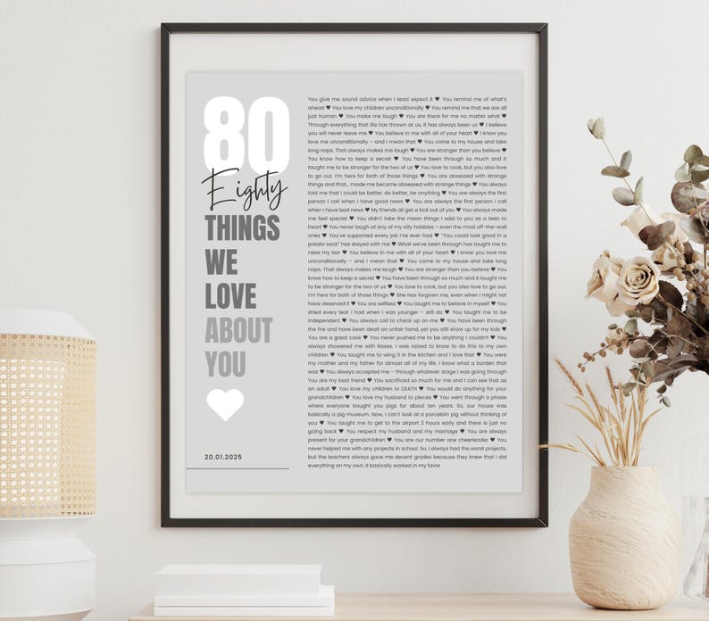 May include: Framed print with the text "80 Things We Love About You" in a modern font. The print has a light gray background with a list of text and a white heart graphic. The frame is black.