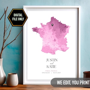 Landkarte Aquarell, Landkarte Druck, Landkarte Neu verlobt, Verlobung Geschenk, Hochzeit Jahrestag Geschenk, Aquarell Wandkunst