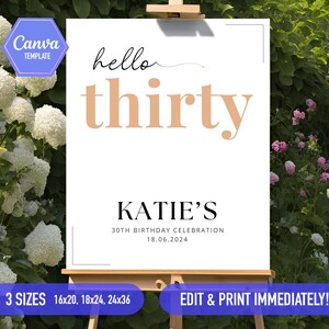 Birthday Welcome Sign Hello Editable Any age Template | Edit FREE in Canva | Pink white gold party sign 20th 30th 40th 50th 60th