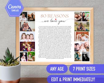 Puede incluir: Un marco con el texto "80 Razones Te Amamos" y fotos familiares. La impresión incluye el texto "Any Age", "7 Tamaños de impresión" y "¡Edita e imprime inmediatamente!" en una pancarta púrpura.
