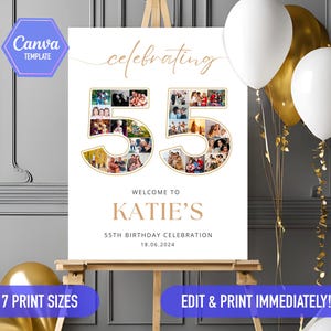 55th birthday sign Photo collage, 55th bday ideas, 55th birthday decoration gold white Welcome sign | CANVA Editable DIY template poster