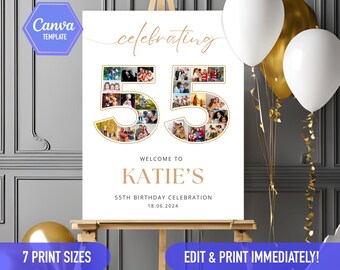 55th birthday sign Photo collage, 55th bday ideas, 55th birthday decoration gold white Welcome sign | CANVA Editable DIY template poster
