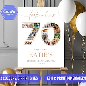Idées de collages photo, décoration du 70e anniversaire or noir blanc panneau de bienvenue | Modèle d'affiche DIY modifiable