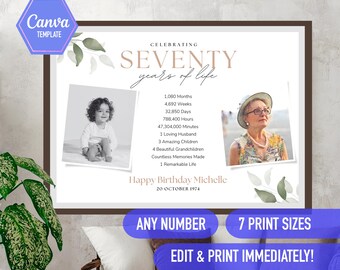 May include: A printable poster celebrating a 70th birthday with a photo collage, text that reads "Celebrating Seventy Years of Life", and a list of milestones in years, months, weeks, days, hours, and minutes. The text also includes "Happy Birthday Michelle" and "20 October 1974".