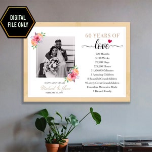 60e huwelijksverjaardag cadeau, gepersonaliseerde 60e foto cadeau, 60e verjaardag cadeau voor ouders, grootouders, diamanten verjaardag decoratie