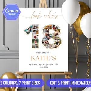 Mira quién cumple 18 años. Ideas para collages de fotos, decoración para cumpleaños número 18, letrero de bienvenida dorado y blanco. Plantilla editable en CANVA para hacer tú mismo.