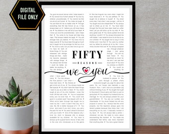 50 things we love about you, 50th birthday gift, 50th bday ideas, 50th birthday decoration, fifty birthday, 50 birthday ideas, 50 bday gift