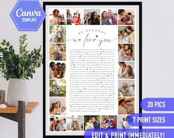 Puede incluir: Una plantilla de póster imprimible con un collage de 20 fotos y un texto superpuesto que dice "80 razones por las que te queremos". El póster está enmarcado en un marco negro y se muestra en una mesa de madera.