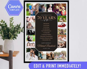 70th birthday gift, 70th Photo collage, 70th bday ideas, 70th birthday decoration, seventy birthday, CANVA Editable template,birthday poster