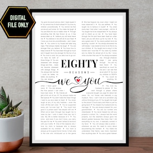 May include: A black and white printable poster with a red heart. The poster lists 80 reasons why someone loves another person. The text reads "Eighty Reasons We Love You".