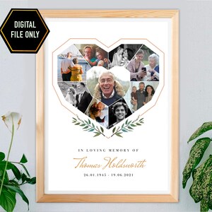 May include: A white printable memorial photo collage in a heart shape with gold accents and green leaves. The text reads "In loving memory of Thomas Holdsworth 26.01.1945 - 19.06.2021".