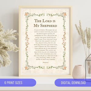 The Lord is My Shepherd Floral - Psalm 23  Vintage Nursery Room minimalist Poster Christian Wall Art Home Church Decor Retro Vintage Artwork