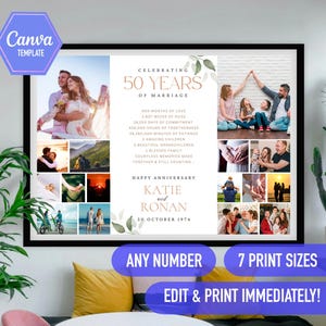 50 year wedding anniversary photo gift, personalized Editable 50th anniversary template for parents husband wife idea keepsake Canva poster