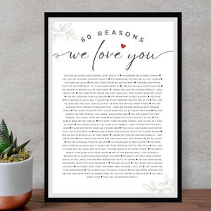 May include: A black and white printable poster with 60 reasons to love someone. The poster features a handwritten font and red hearts. The text reads "60 Reasons We Love You".