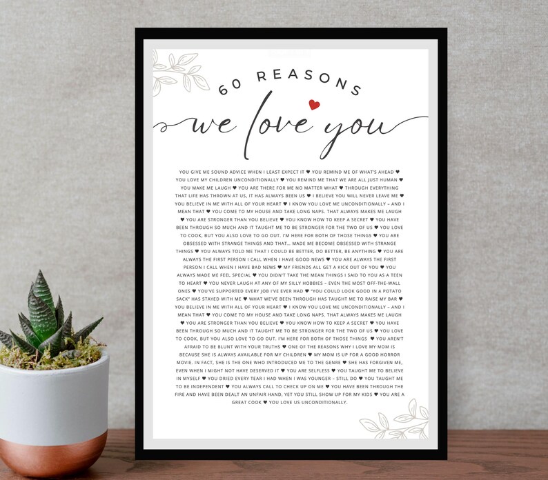 May include: A black and white printable poster with 60 reasons to love someone. The poster features a handwritten font and red hearts. The text reads "60 Reasons We Love You".
