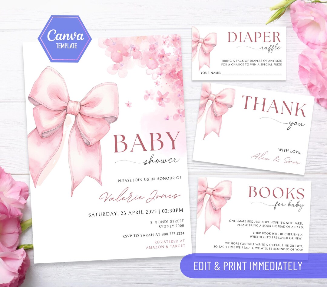 Pink Bow Baby Shower Invitation Bundle Editable Template | Edit FREE in ...