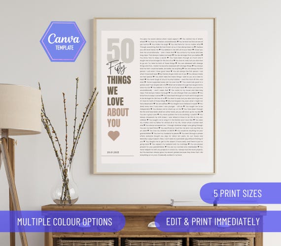50 reasons we love  you, 50th birthday gift, 50 things that we love about you, 50th birthday ideas, fifty birthday, editable canva template