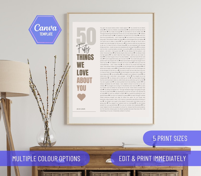 May include: A framed print with the text "50 Things We Love About You" in a minimalist design. The print includes a heart symbol and the date 20.01.2025. Additional text at the bottom reads "5 Print Sizes" and "Edit & Print Immediately".