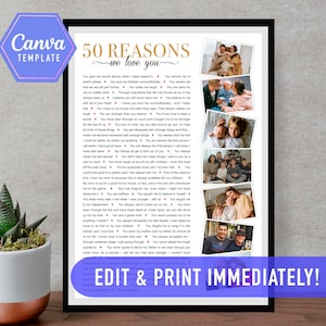 50 reasons we love  you, 50th birthday gift, 50 things we love you template, 50th birthday ideas, fifty birthday, editable canva template