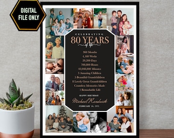 80th Birthday Photo Collage Gift, Personalized Milestone keepsake Print (Digital File)