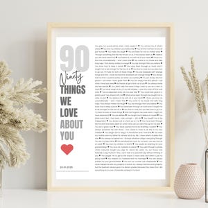 May include: A framed print with the text "90 Things We Love About You" in gray and black, with a red heart. The print includes a list of loving sentiments and a date at the bottom. The frame is a light wood color.