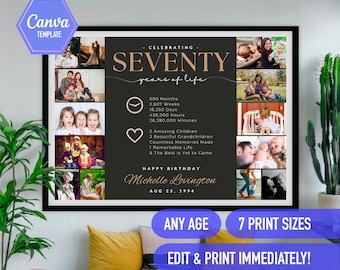 70th birthday gift, 70th Photo collage, 70th bday ideas, 70th birthday decoration, seventy birthday, CANVA Editable template,birthday poster