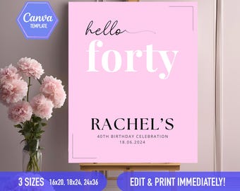 Birthday Welcome Sign Hello Editable Any age Template | Edit FREE in Canva | Pink white gold party sign 20th 30th 40th 50th 60th