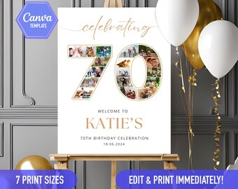 70th birthday sign Photo collage, 70th bday ideas, 70th birthday decoration gold white Welcome sign | CANVA Editable DIY template poster