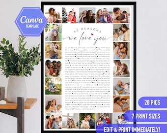 May include: A printable collage template with 20 photo slots and a text overlay that reads "50 Reasons We Love You". The template is designed for a photo collage with a black border and a white background.