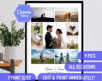 Photo Collage canva Template, All Occasions, 9 Pics Birthday or Anniversary DIY Gift (Digital Template)