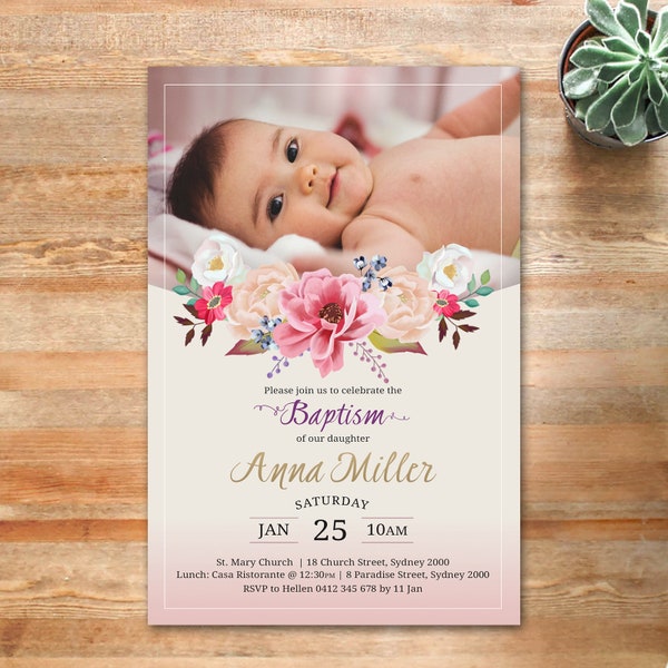 Baptism Invitation, baptism invite, girls baptism invite, baptism with photo invitation, baptism with cross invitation