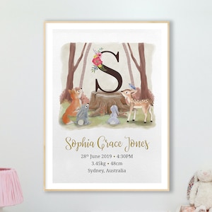 Woodlands Birth Print - Birth Announcement Sign - Woodlands Nursery Art - Baby Girl Boy Birth Stats - Nursery Wall Art