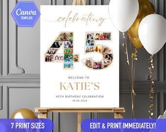 45th birthday sign Photo collage, 45th bday ideas, 45th birthday decoration gold white Welcome sign | CANVA Editable DIY template poster