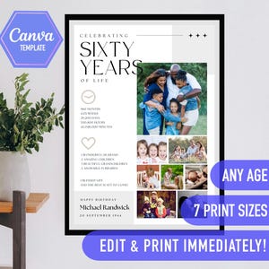 60th birthday gift, minimalist gift, 60th bday ideas, 60th birthday decoration, sixty birthday, CANVA Editable template, birthday poster