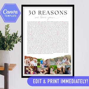 30 reasons we love  you, 30th birthday gift, 30 things we love you template, 30th birthday decoration, canva template, 30 birthday ideas