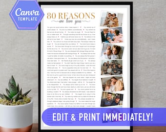 80 reasons we love  you, 80th birthday gift, 80 things we love you template, 80th birthday decoration, canva template, 80 birthday ideas