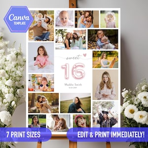 Sweet 16, Sweet sixteen 16th birthday sign Photo collage ideas, 16th birthday decoration Welcome sign CANVA Editable DIY template poster
