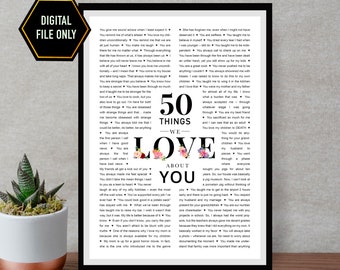 50 things we love about you, 50th birthday gift, 50th bday ideas, 50th birthday decoration, fifty birthday, 50 birthday ideas, 50 bday gift