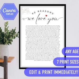 60 raisons pour lesquelles nous vous aimons, cadeau pour 60e anniversaire, 60 choses que nous aimons chez vous, modèle de toile pour 60e anniversaire, 60 idées d'anniversaire