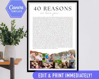 40 reasons we love  you, 40th birthday gift, 40 things that we love about you, 40th birthday ideas, forty birthday, editable canva template