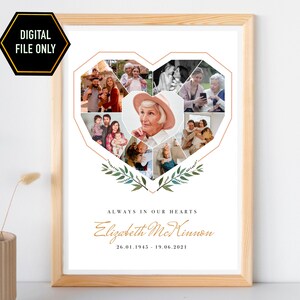 May include: A printable memorial collage featuring a heart-shaped photo montage of a woman and her family. The collage is surrounded by green leafy branches and the text "Always in our hearts Elizabeth McKinnon 26.01.1945 - 19.06.2021".