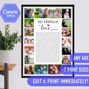 30 reasons we love  you, 30th birthday gift, 30 things that we love about you, birthday decoration, canva template, 30 birthday template