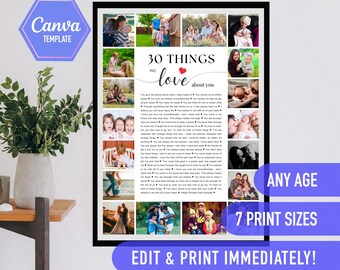 30 reasons we love  you, 30th birthday gift, 30 things that we love about you, birthday decoration, canva template, 30 birthday template