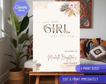 May include: A printable baby shower sign with a watercolour background and floral accents. The text reads "a sweet little GIRL is on her way". The sign also includes the text "WELCOME TO Michelle Brighton's BABY SHOWER 22.05.2024".