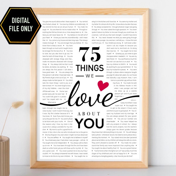 75 things we love about you, 75th birthday gift, 75th bday ideas, 75th birthday decor, seventy five birthday, 75 birthday ideas,75 bday gift