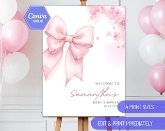 Rosa Schleife Babyparty Willkommensschild bearbeitbare Vorlage | KOSTENLOS in Canva | Rosa Party Banner Plakat Dekoration, Baby Girl Party Ideen