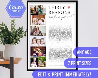 30 reasons we love  you, 30th birthday gift, 30 things that we love about you, birthday decoration, canva template, 30 birthday template