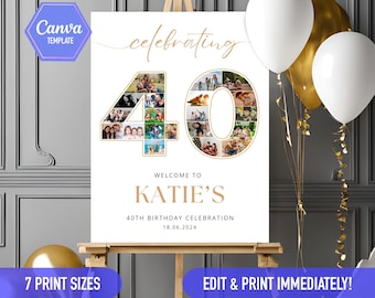 40th birthday sign Photo collage, 40th bday ideas, 40th birthday decoration gold white Welcome sign | CANVA Editable DIY template poster