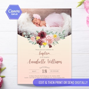 Doop uitnodiging meisje baby bewerkbare sjabloon | Doopuitnodiging | GRATIS bewerken in Canva Sjabloon doopuitnodiging Bloemenbloemen