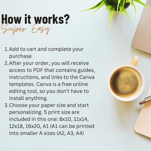 May include: A light blue workspace with text that reads "How it works? Super Easy." A cup of coffee, a laptop, a pen, and a small plant are also visible. The text explains the steps to purchase and personalize a product.